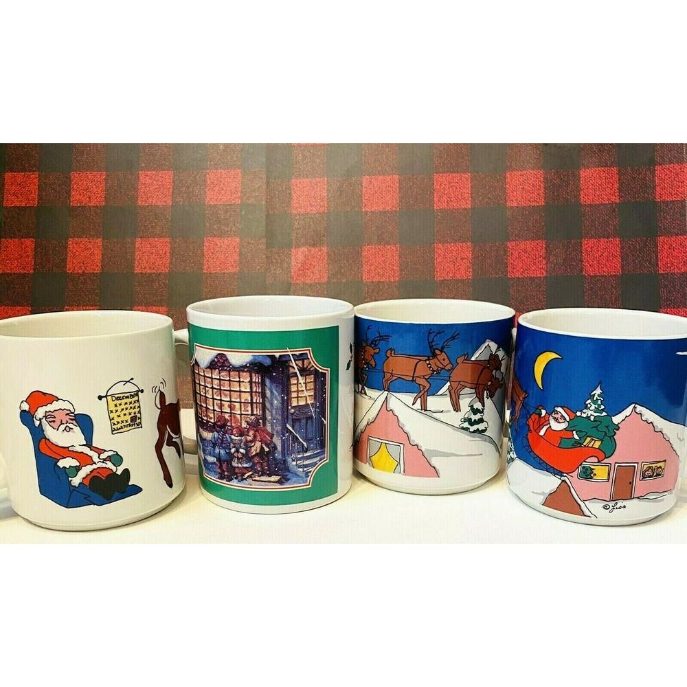 Retro Christmas Mugs 4 Coffee Cocoa Tea Mugs Holiday Traditions Stoneware
